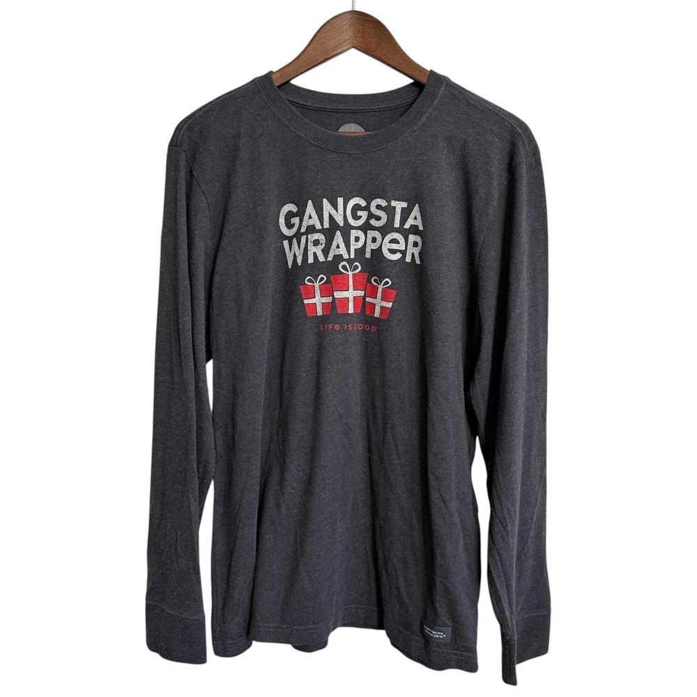 Life Is Good Crusher T-shirt men's medium gray holiday festive‎ Gangsta Wrapper